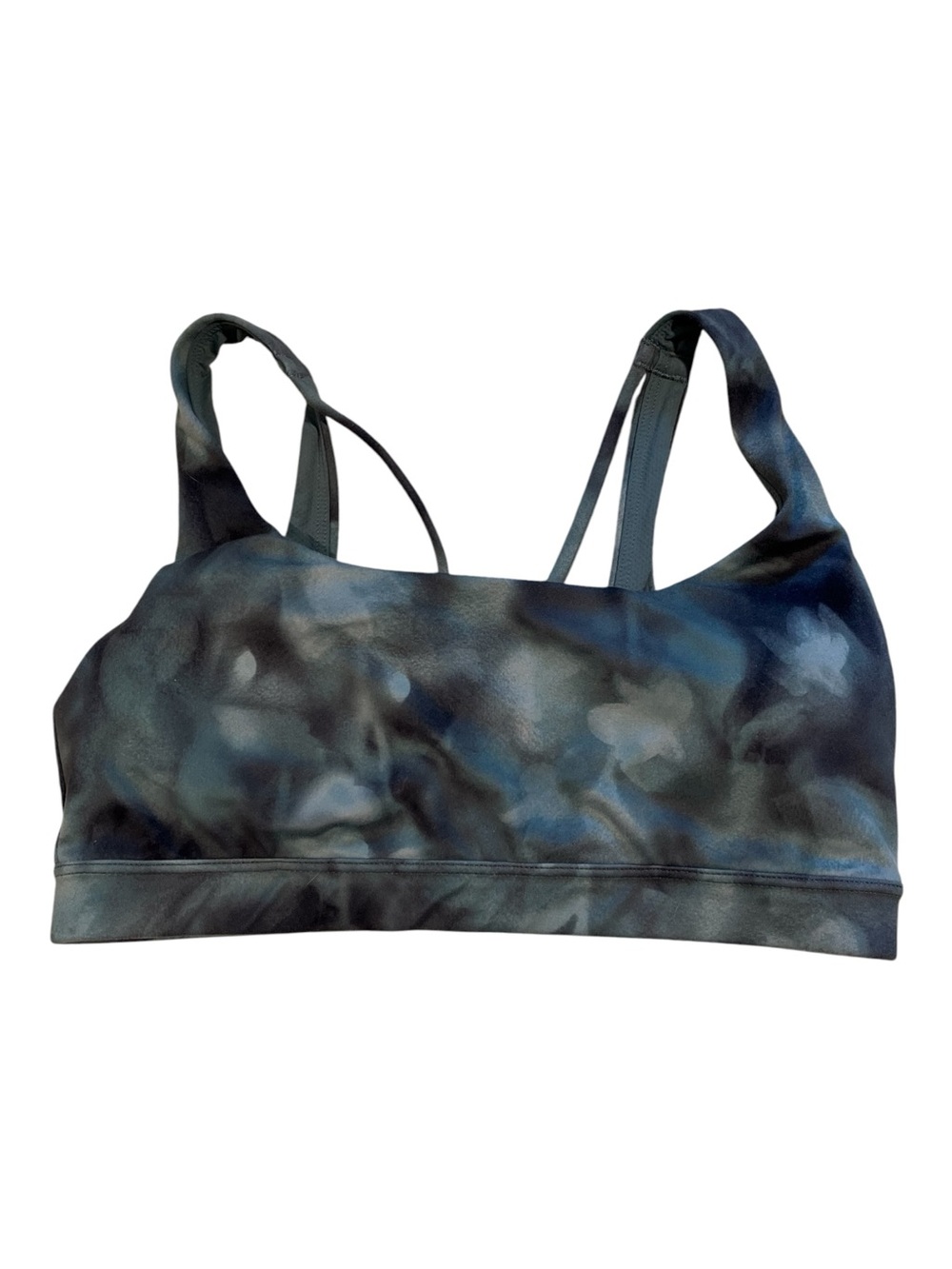 Athleta Exhale Strappy Cross Back Sports Bra Blue Black Tie Dye Abstract Yoga S